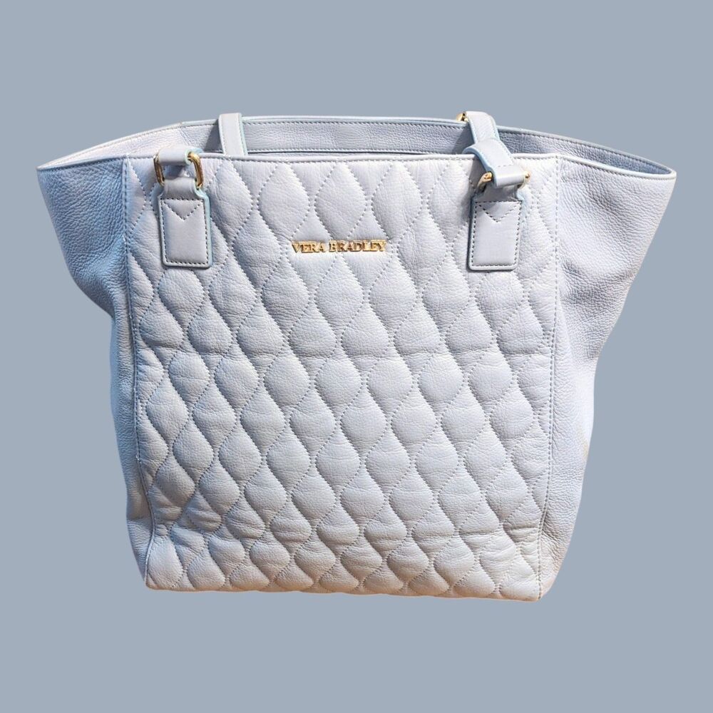 Vera Bradley Ella Quilted Blue Pebbled Genuine Leather Studded Large Tote Bag